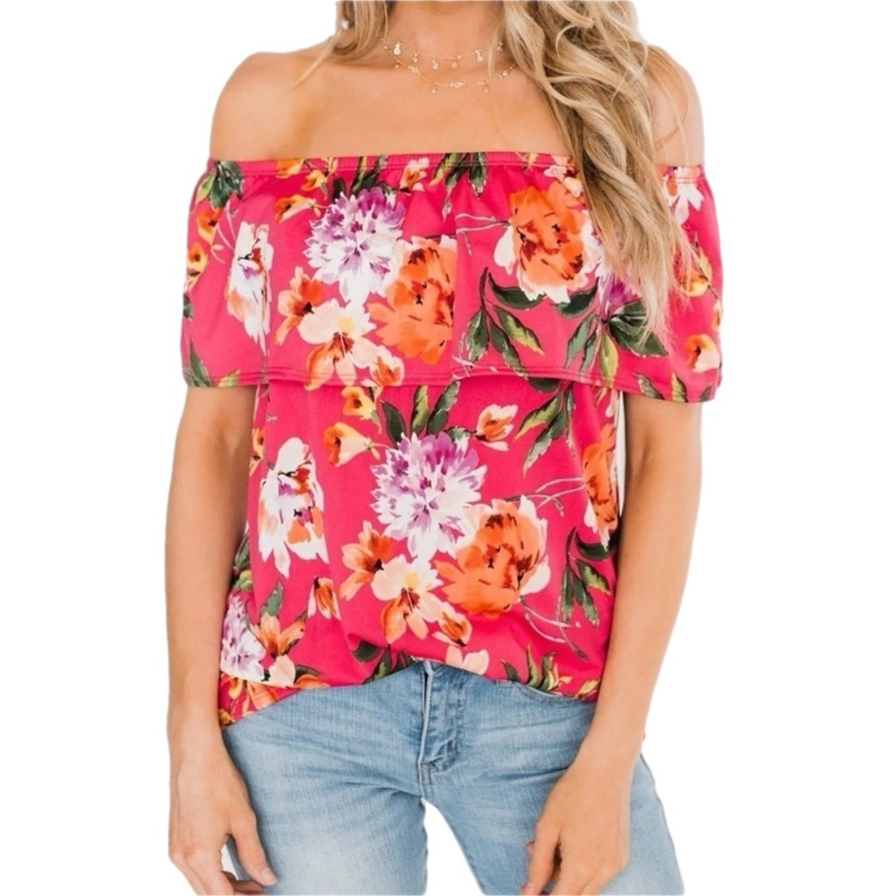 NWT Fuchsia Off-Shoulder Tropical Floral Top M